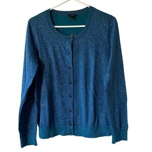 NWT Talbots Blue Glitter Metallic Jeweled Buttons Button Up Cardigan- Size Large